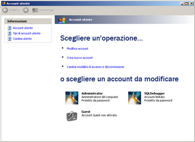 Schermata Account Utente di Windows XP